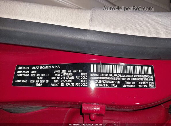 ZASPAKBN6K7C57147 2019 ALFA ROMEO STELVIO Tan Vista del compartimento del motor
