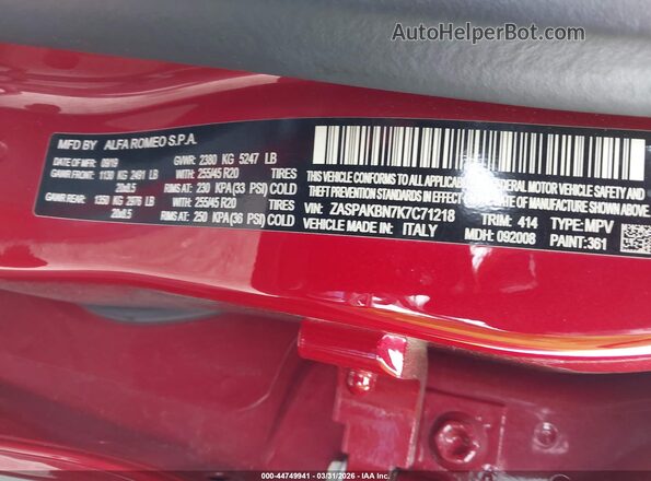 ZASPAKBN7K7C71218 2019 ALFA ROMEO STELVIO Red ძრავის განყოფილების ხედი