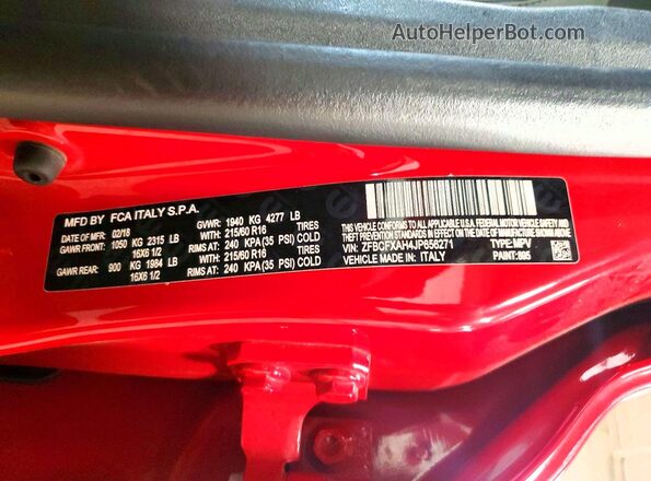 ZFBCFXAH4JP656271 2018 FIAT 500X Red VIN sticker view