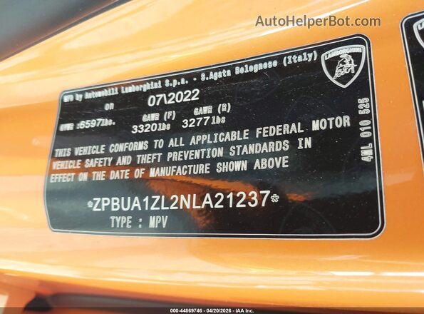 ZPBUA1ZL2NLA21237 2022 LAMBORGHINI URUS Orange Вид підкапотного простору