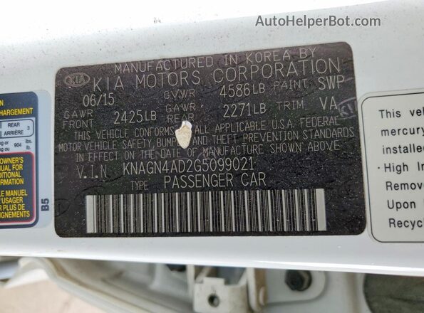 KNAGN4AD2G5099021 2016 KIA OPTIMA White 