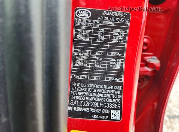 SALZJ2FX9LH033369 2020 LAND ROVER RANGE ROVER Red Widok wnętrza 360 stopni