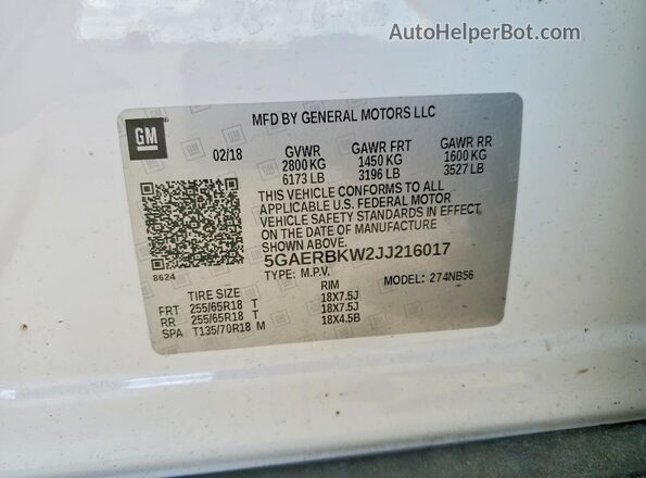 5GAERBKW2JJ216017 2018 BUICK ENCLAVE Белый Панорамный вид салона 360°