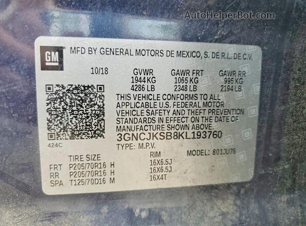 3GNCJKSB8KL193760 2019 CHEVROLET TRAX Синий 