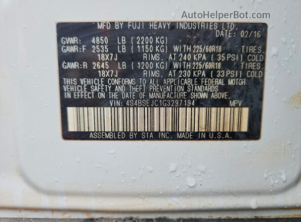 4S4BSEJC1G3297194 2016 SUBARU OUTBACK White VIN კოდის სტიკერის ხედი