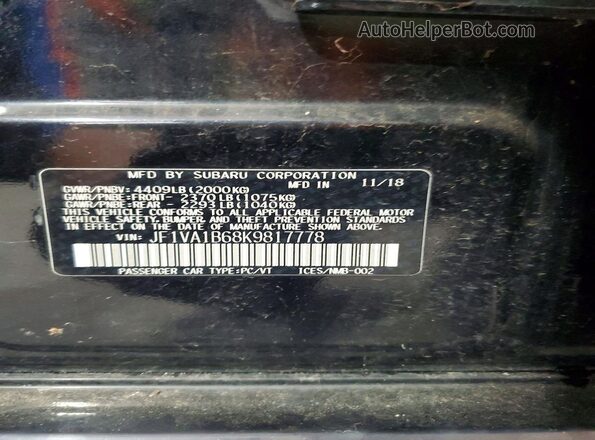 JF1VA1B68K9817778 2019 SUBARU WRX Black Widok naklejki z numerem VIN