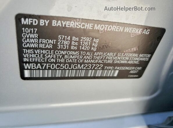 WBA7F0C50JGM23722 2018 BMW 7 SERIES Silver Widok naklejki z numerem VIN