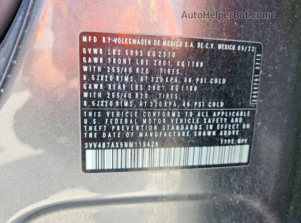 3VV4B7AX5NM119426 2022 VOLKSWAGEN TIGUAN Gray 