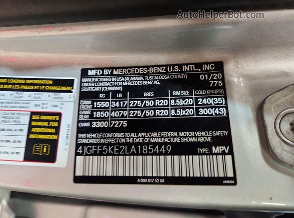 4JGFF5KE2LA185449 2020 MERCEDES-BENZ GLS Silver VIN კოდის სტიკერის ხედი
