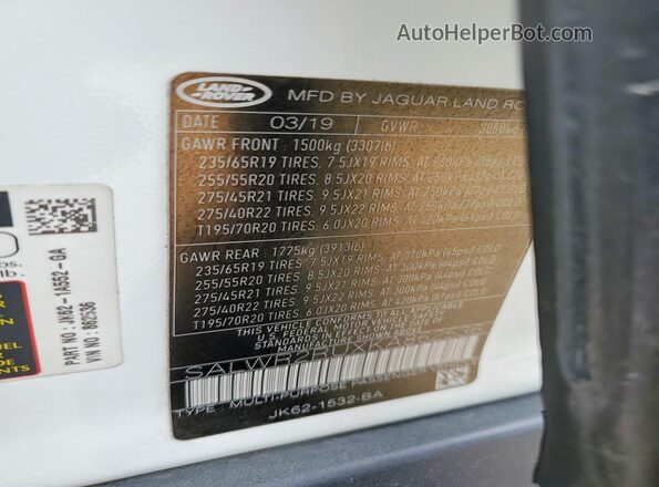 SALWR2RUXKA862536 2019 LAND ROVER RANGE ROVER White Widok wnętrza 360 stopni