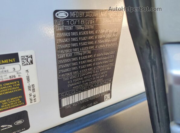 SALGS2RE0KA530428 2019 LAND ROVER RANGE White Панорамний вид салону 360°