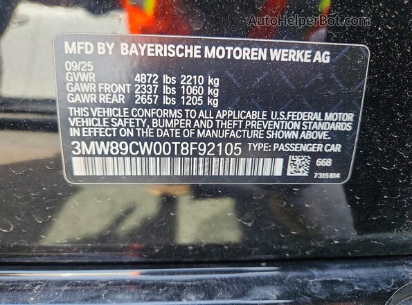 3MW89CW00T8F92105 2026 BMW 3 SERIES Черный Вид наклейки с VIN-кодом