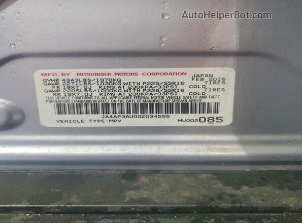 JA4AP3AU0GZ034555 2016 MITSUBISHI OUTLANDER Silver 