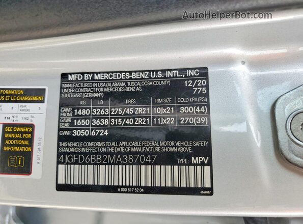 4JGFD6BB2MA387047 2021 MERCEDES-BENZ GLE Silver 