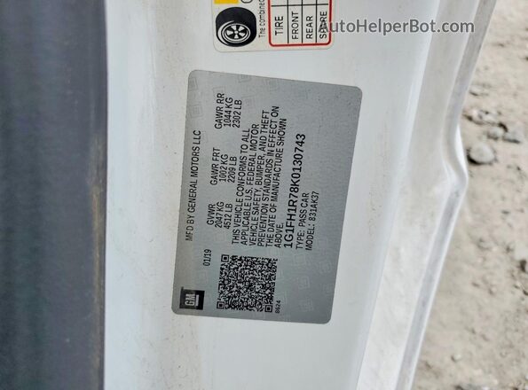 1G1FH1R78K0130743 2019 CHEVROLET CAMARO White 
