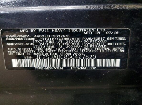 JF2SJADC8GG427820 2016 SUBARU FORESTER Blue Vista de la etiqueta del VIN