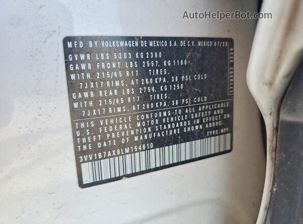3VV1B7AX8LM154610 2020 VOLKSWAGEN TIGUAN White Vista interior de 360 grados