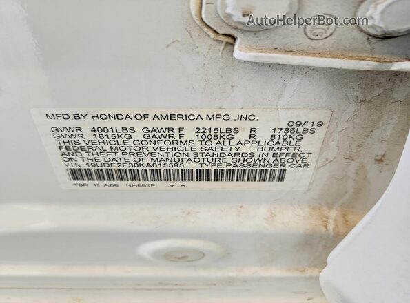 19UDE2F30KA015595 2019 ACURA ILX White 