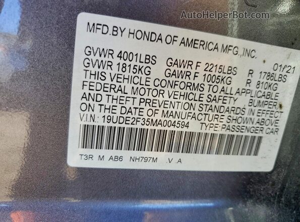 19UDE2F35MA004594 2021 ACURA ILX Gray 
