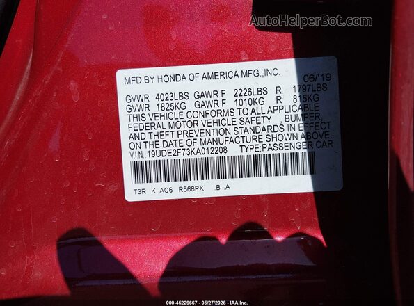 19UDE2F73KA012208 2019 ACURA ILX Red Շարժիչի բաժամունքի տեսք