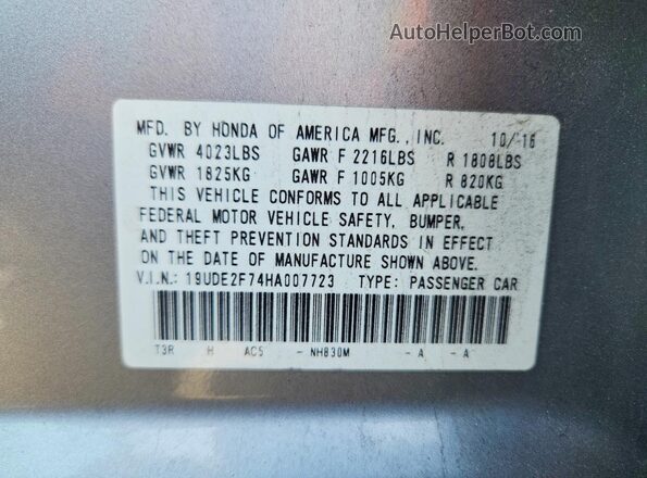 19UDE2F74HA007723 2017 ACURA ILX Silver Вид наклейки з VIN-кодом