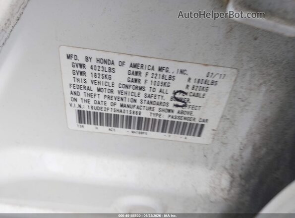 19UDE2F75HA015989 2017 ACURA ILX White Widok komory silnika