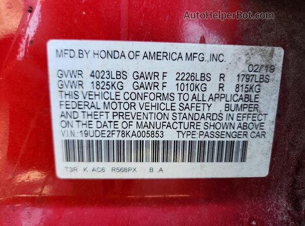 19UDE2F78KA005853 2019 ACURA ILX Red Engine compartment view