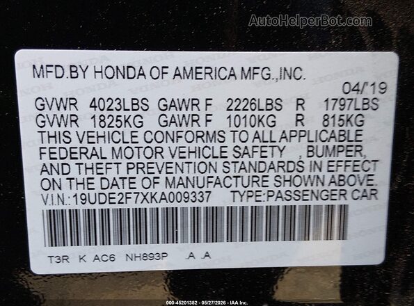 19UDE2F7XKA009337 2019 ACURA ILX Black Widok komory silnika