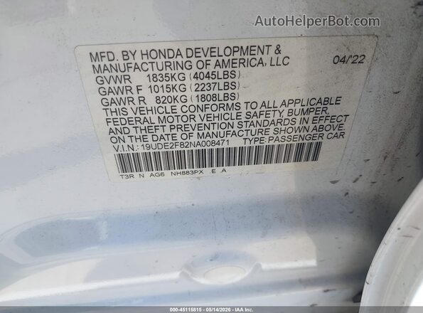 19UDE2F82NA008471 2022 ACURA ILX White Вид підкапотного простору