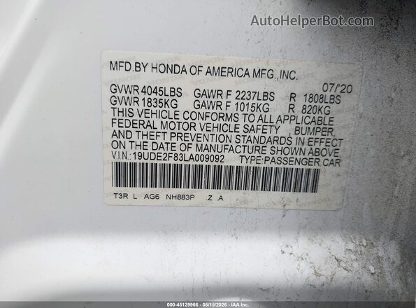 19UDE2F83LA009092 2020 ACURA ILX White Շարժիչի բաժամունքի տեսք