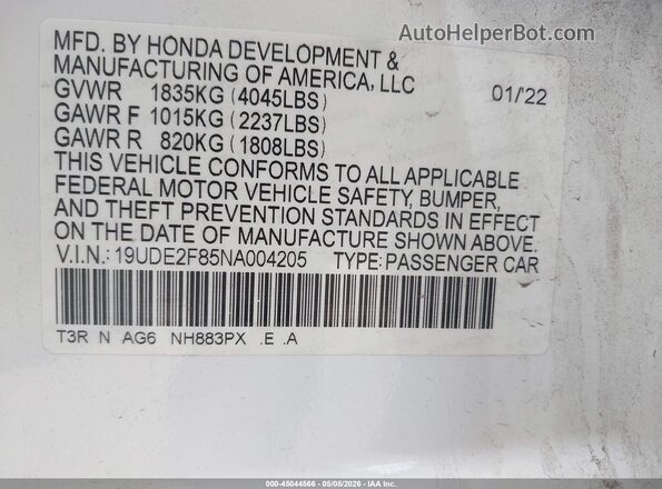 19UDE2F85NA004205 2022 ACURA ILX White 