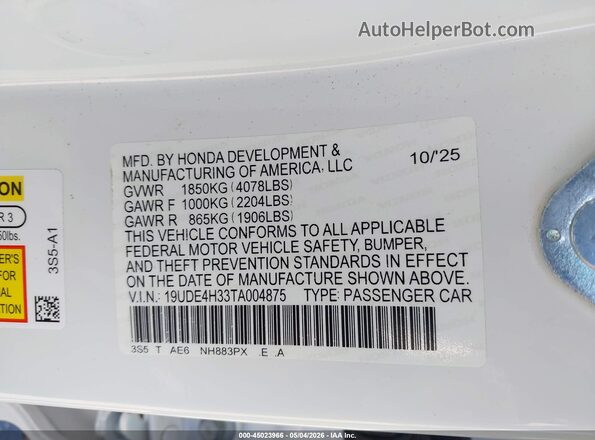 19UDE4H33TA004875 2026 ACURA INTEGRA White Vista del compartimento del motor