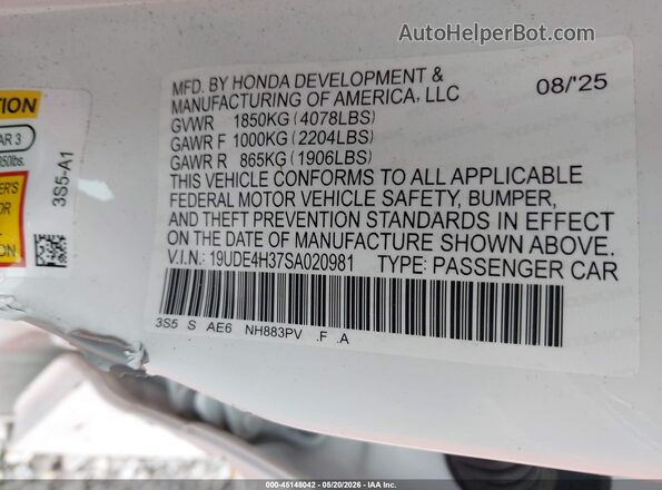 19UDE4H37SA020981 2025 ACURA INTEGRA White Widok komory silnika