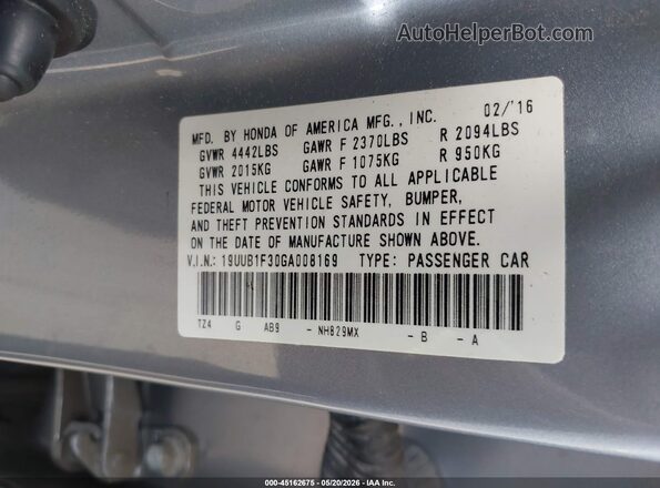 19UUB1F30GA008169 2016 ACURA TLX Silver Widok komory silnika