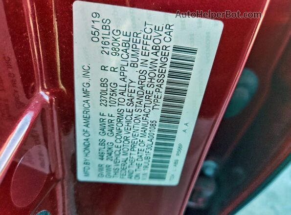 19UUB1F30LA001085 2020 ACURA TLX Red VIN კოდის სტიკერის ხედი