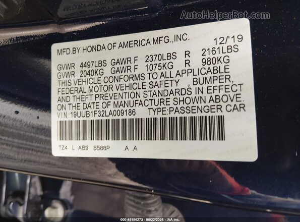 19UUB1F32LA009186 2020 ACURA TLX Blue ძრავის განყოფილების ხედი