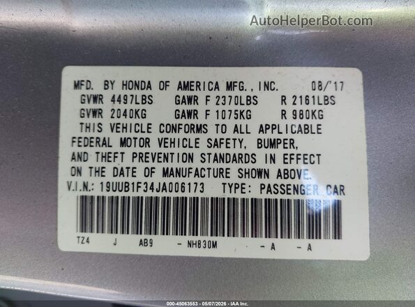 19UUB1F34JA006173 2018 ACURA TLX Gray 