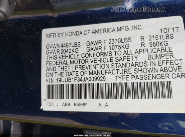 19UUB1F34JA009929 2018 ACURA TLX Dark Blue Engine compartment view