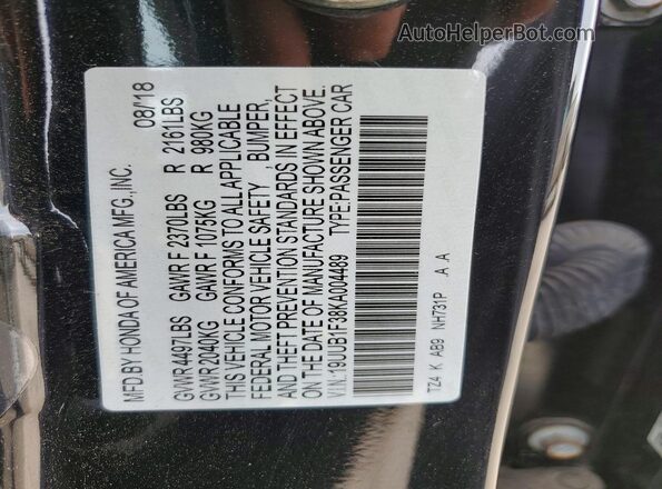 19UUB1F38KA004489 2019 ACURA TLX Black VIN sticker view
