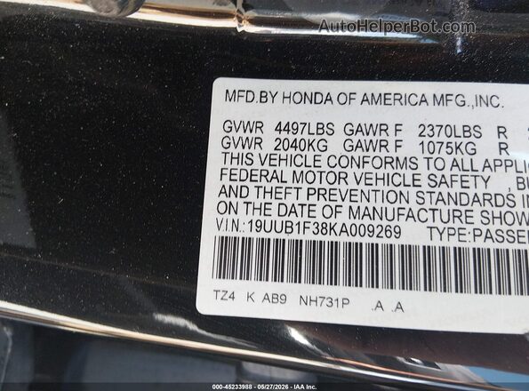 19UUB1F38KA009269 2019 ACURA TLX Черный Вид подкапотного пространства