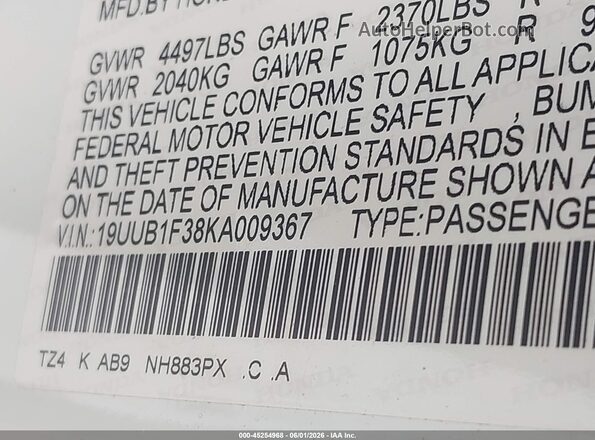 19UUB1F38KA009367 2019 ACURA TLX White Vista del compartimento del motor