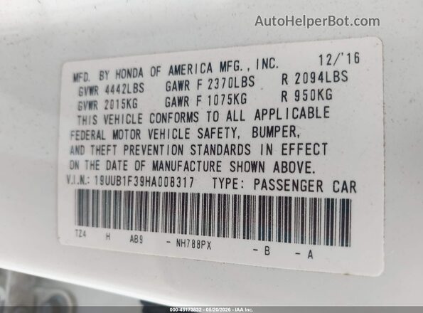 19UUB1F39HA008317 2017 ACURA TLX Белый 