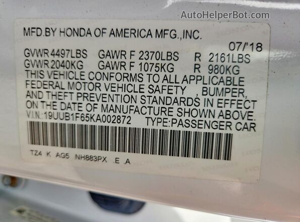 19UUB1F65KA002872 2019 ACURA TLX White 
