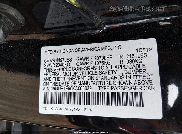 19UUB1F66KA006039 2019 ACURA TLX Black Vista del compartimento del motor