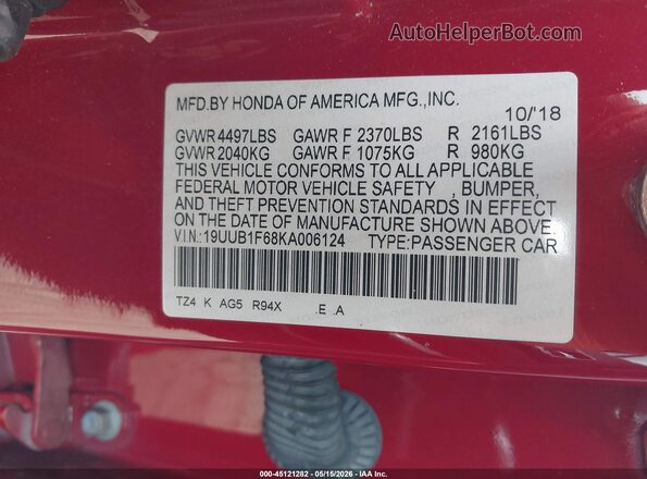 19UUB1F68KA006124 2019 ACURA TLX Red ძრავის განყოფილების ხედი