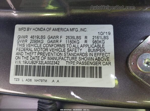 19UUB2F32LA002342 2020 ACURA TLX Gray Вид підкапотного простору