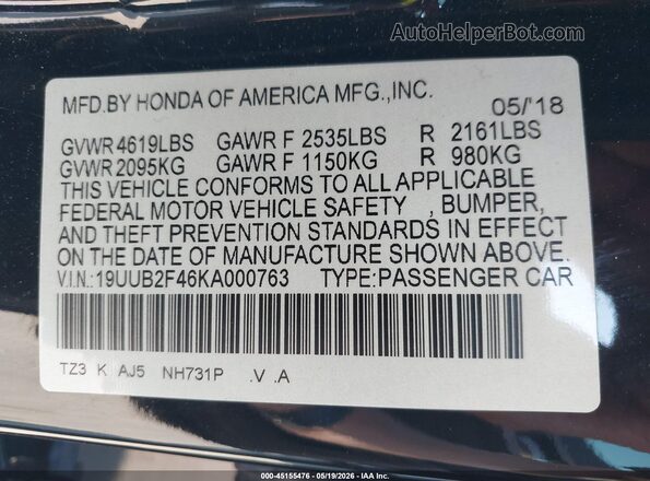 19UUB2F46KA000763 2019 ACURA TLX Black 