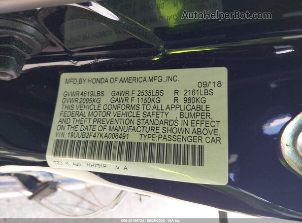 19UUB2F47KA006491 2019 ACURA TLX Черный Вид подкапотного пространства