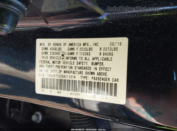 19UUB2F52GA010514 2016 ACURA TLX Black Vista del compartimento del motor