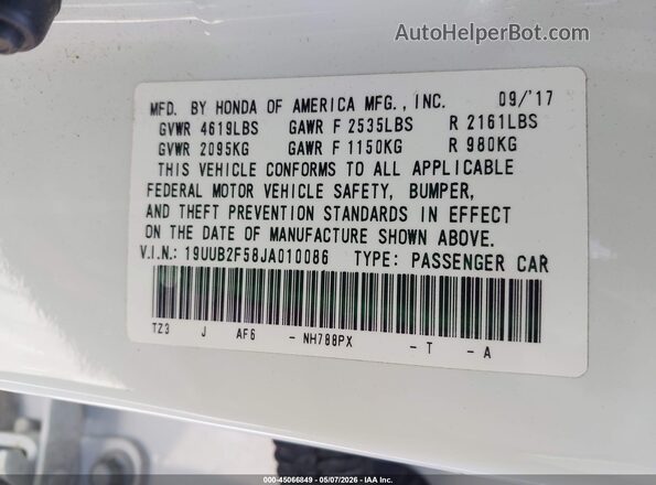 19UUB2F58JA010086 2018 ACURA TLX White 